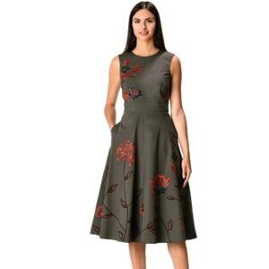 eShakti Women’s Bird Floral Embellished Cotton Poplin Dress Grey XS 0-2